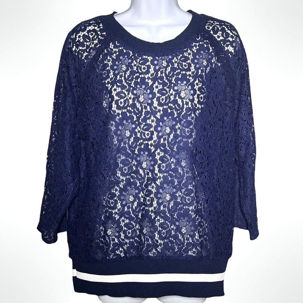 Massini Women's Blue Floral Lace Sheer‎ Top Size Large 3/4 Sleeve Coquette Y2K